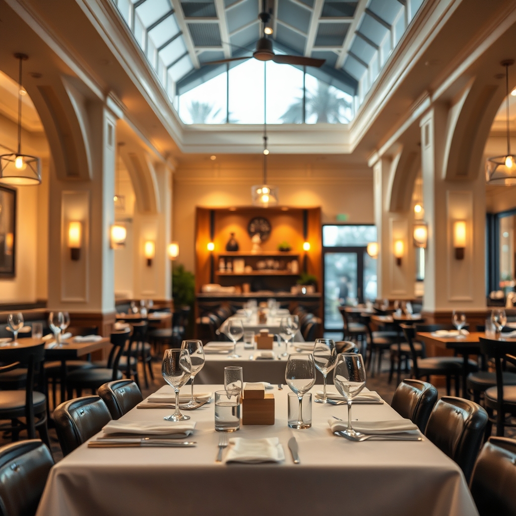Tables set for dinner in the warm evening light of a Bristol Plaza dining room